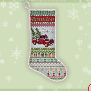 Christmas red truck stocking cross stitch pattern Personalized Xmas stocking pick up truck xstitch chart Christmas car embroidery design#536