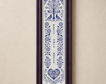 Bless This House Monochrome Sampler Cross Stitch Pattern Birds Tree Home Blessing Embroidery #2063
