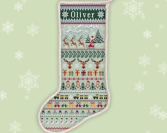 Christmas stocking cross stitch pattern Santa, reindeer, owl, train, snowflake, snowman, gift xstitch Custom stocking embroidery design #508