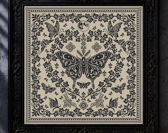 Monochrome Gothic Butterfly Cross Stitch Pattern Moth Sampler Counted Embroidery #1020