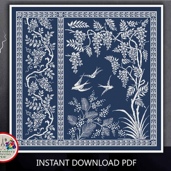 Monochrome sampler cross stitch pattern Swallows Bird cross stitch Flower Leaves Nature embroidery design Floral ornament xstitch chart #241