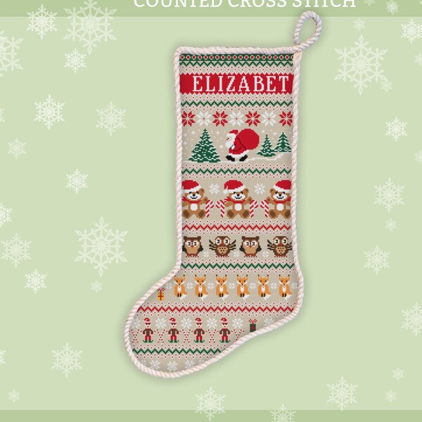 Personalized Christmas stocking cross stitch pattern Santa Bear Fox Gnome Owl Snowflakes ornament xstitch chart Xmas embroidery design #514