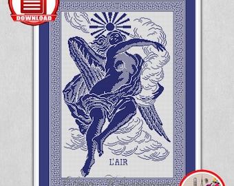 Monochrome sampler counted cross stitch pattern Goddess L’air xstitch chart Antique woman embroidery sampler Digital download #195