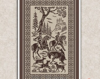 Hunting scene counted cross stitch pattern Monochrome sampler Hunters on horseback Deer Dogs embroidery design Antique xstitch chart #197