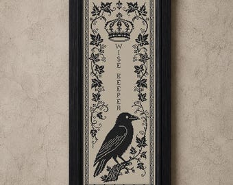 Gothic Raven Monochrome Sampler Cross Stitch Pattern Crown Embroidery Grape Vine Counted Xstitch #705