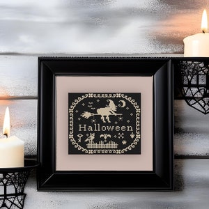 Halloween quaker sampler cross stitch pattern Monochrome Halloween witch embroidery design Halloween cross stitch Mini xstitch chart #709