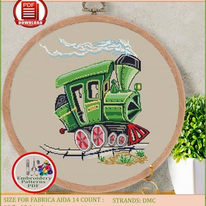 Patrón de punto de cruz de tren de vapor Diseño de bordado de locomotora Gráfico de puntada en cruz de tren de dibujos animados Descarga digital n.° 110