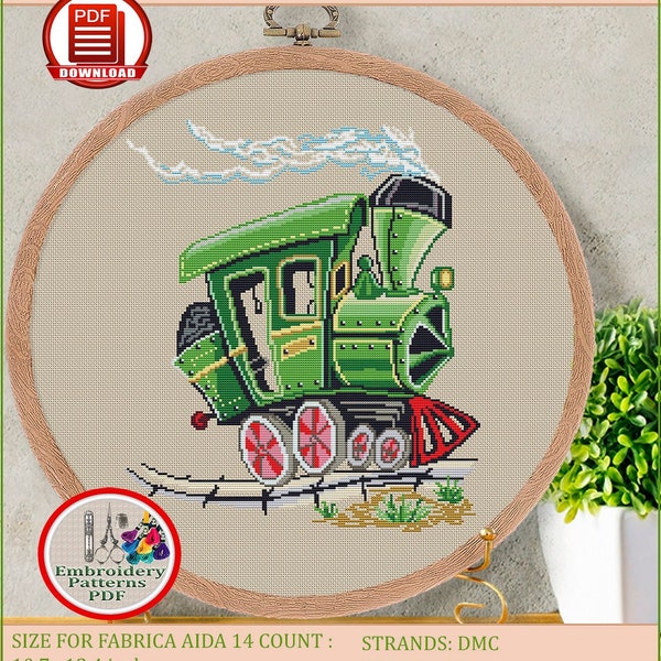 Steam train cross stitch pattern Locomotive embroidery design Cartoon train xstitch chart Toy train cross stitch Digital download #110