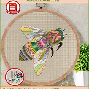 Mandala bee counted cross stitch pattern Insect cross stitch Colorful bee xstitch chart Geometric embroidery design Digital download #118