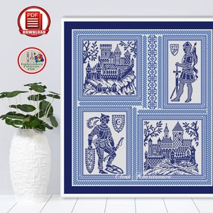 Castillos y Caballeros contados patrón de punto de cruz Diseño de bordado medieval Muestra monocromática xstitch chart Descarga digital #172