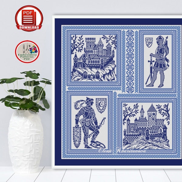 Castles and Knights counted cross stitch pattern Medieval embroidery design Monochrome sampler xstitch chart Digital download #172