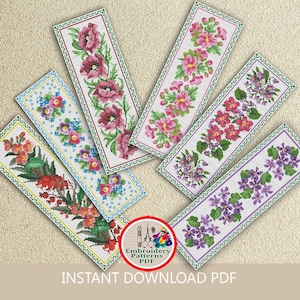 Floral bookmark sampler counted cross stitch pattern Set of 6 bookmarks cross stitch Red Pink flowers Violets Leaves embroidery design #674
