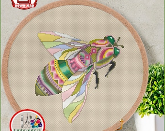 Mandala bee counted cross stitch pattern Insect cross stitch Colorful bee xstitch chart Geometric embroidery design Digital download #118
