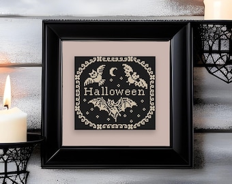 Halloween quaker sampler cross stitch pattern Bats cross stitch Monochrome Halloween cross stitch embroidery design Small xstitch chart #706