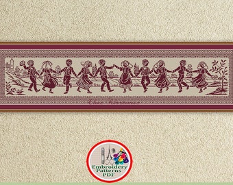 Monochrome sampler counted cross stitch pattern Folk dancing people xstitch chart Country sampler embroidery design Digital download #338