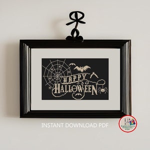 Happy Halloween cross stitch pattern Bats Spiders Web Spooky Halloween embroidery design Monochrome modern easy xstitch chart #712