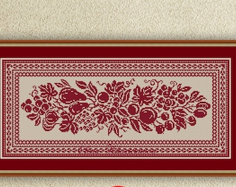 Monochrome sampler counted cross stitch pattern Foliage, fruit cross stitch embroidery design Antique ornament xstitch chart #230