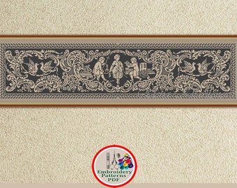 Monochrome Kreuzstichvorlage Mittelalterliche Szene Stickmuster Vögel Floral Ornament Stickmuster #485