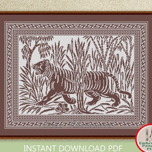 Tiger counted cross stitch pattern Monochrome sampler xstitch chart Tiger in the wild embroidery design Animal cross stitch PDF download #70
