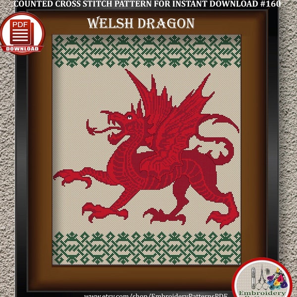 Welsh dragon cross stitch pattern Celtic cross stitch Y Ddraig Goch embroidery design Heraldic symbol xstitch chart Digital download #160