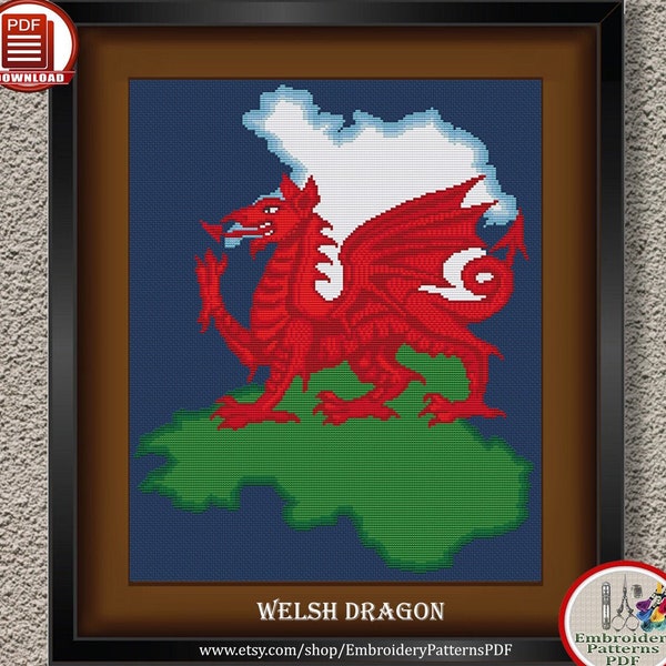 Welsh Dragon counted cross stitch pattern Y Ddraig Goch Red Dragon embroidery design Dragon Dewi xstitich chart Celtic cross stitch #34