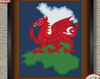 Puede incluir: Un patrón de punto de cruz contado enmarcado que presenta un dragón galés rojo centrado sobre un fondo verde y blanco. El texto "COUNTED CROSS STITCH PATTERN FOR INSTANT DOWNLOAD # 34" y "WELSH DRAGON" es visible en la imagen.