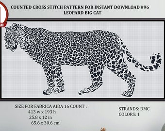 Monochrome leopard counted cross stitch pattern Wild animal cross stitch Jaguar embroidery design Big cat xstitch chart Digital download #96