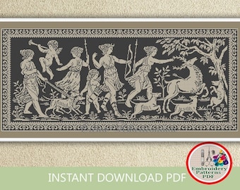 Ancient women hunting counted cross stitch pattern Monochrome sampler embroidery design Ancient scene xstitch chart Digital download #188