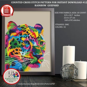Rainbow cheetah counted cross stitch pattern African animal cross stitch Colorful leopard embroidery design Big wild cat xstitch chart #123
