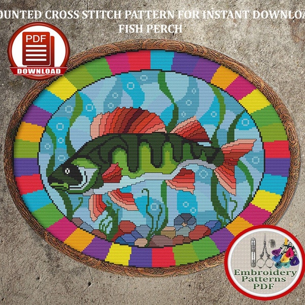 Stained glass fish perch counted cross stitch pattern Big bass fish xstitch chart Mandala cross stitch Fishing embroidery design #97