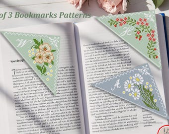 Custom Floral Corner Bookmarks Cross Stitch Pattern Flowers Initial Samplers Counted Embroidery #2123