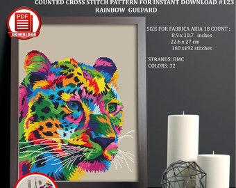 Rainbow cheetah counted cross stitch pattern African animal cross stitch Colorful leopard embroidery design Big wild cat xstitch chart #123