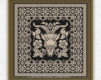 Monochrome sampler counted cross stitch pattern Goat cross stitch embroidery design Flowers leaves Antique ornament xstitch chart #648