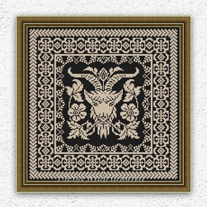 Sampler monocromo contado patrón de punto de cruz Diseño de bordado de punto de cruz de cabra Flores hojas Adorno antiguo xstitch chart #648