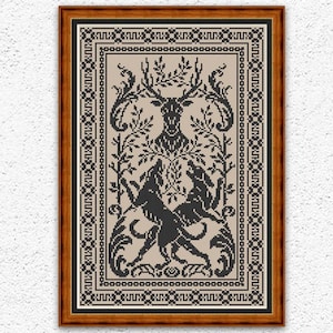 Hunting monochrome sampler cross stitch pattern Deer and hound dogs embroidery design Hunt cross stitch Antique ornament xstitch chart #567