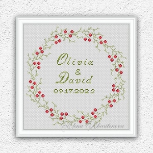 Personalized wedding cross stitch pattern Custom floral wreath embroidery design xstitch chart DIY wedding gift #742