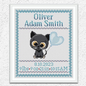 Amostra de nascimento de bebê personalizada, padrão de ponto cruz, bordado fofo de gatinho, registro de nascimento de menino, decoração de parede de berçário azul, xstitch #423*