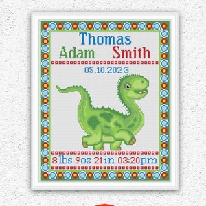 Patrón de punto de cruz de muestra de nacimiento de bebé personalizado Lindo diseño de bordado de dinosaurio bebé Nuevo bebé niño decoración de la pared de la guardería xstitch gráfico #556*