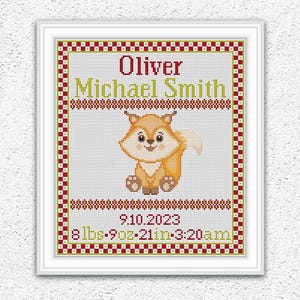 Aangepaste geboortekaartje kruissteekpatroon schattige baby eekhoorn borduurwerk ontwerp nieuwe baby jongen meisje kinderkamer wanddecoratie xstitch grafiek #697