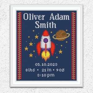 Gepersonaliseerde ruimte baby geboorte sampler kruissteekpatroon raket nieuwe baby jongen naam aankondiging borduurwerk astronomie kinderkamer inrichting #695*