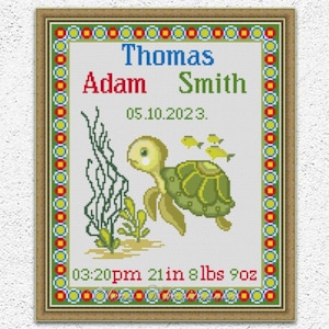 Patrón de punto de cruz de muestra de nacimiento de bebé personalizado Lindo diseño de bordado de tortuga Decoración de pared de guardería náutica Gráfico de puntada xstitch n.° 554 *