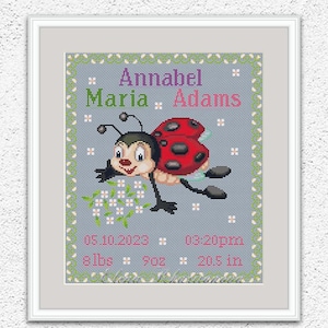 Schema punto croce personalizzato per annuncio di nascita. Graziosa coccinella ricamata. Decorazione murale personalizzata per la cameretta del bambino. Schema punto croce #549