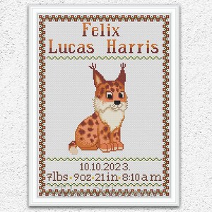 Patrón de punto de cruz de muestra de nacimiento de bebé personalizado Lindo bebé lince gato bordado Nuevo bebé niño decoración de pared de guardería gráfico de puntada contada n.° 702 *