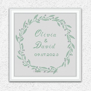 Personalized wedding cross stitch pattern Floral wreath embroidery design Custom wedding sampler counted xstitch chart #422