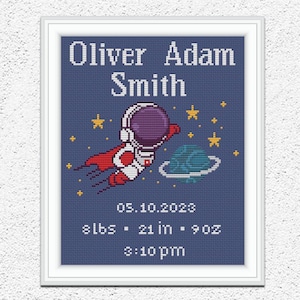 Amostra de nascimento de bebê personalizada, padrão de ponto cruz, tema de astronauta, bordado, decoração de parede de berçário personalizada, gráfico de pontos x contados #694*