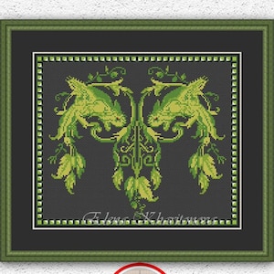 Wyvern winged dragons cross stitch pattern Green grass dragons Mystical creature vintage embroidery Antique sampler xstitch chart #543
