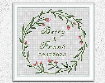 Personalized wedding cross stitch pattern Floral wreath embroidery Day announcement counted xstitch #744