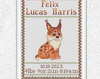 Lynx Personalized Birth Announcement Cross Stitch Pattern New Baby Boy Record Counted Embroidery #702