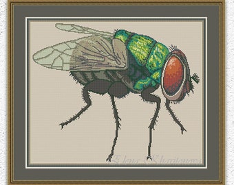 Fly counted cross stitch pattern Insect cross stitch embroidery design Modern cross stitch Green fly xstitch chart Instant PDF download #428