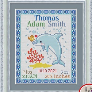 Anuncio de nacimiento contado patrón de punto de cruz Lindo bebé delfín nacimiento sampler bordado diseño DIY baby shower regalo xstitch gráfico #405